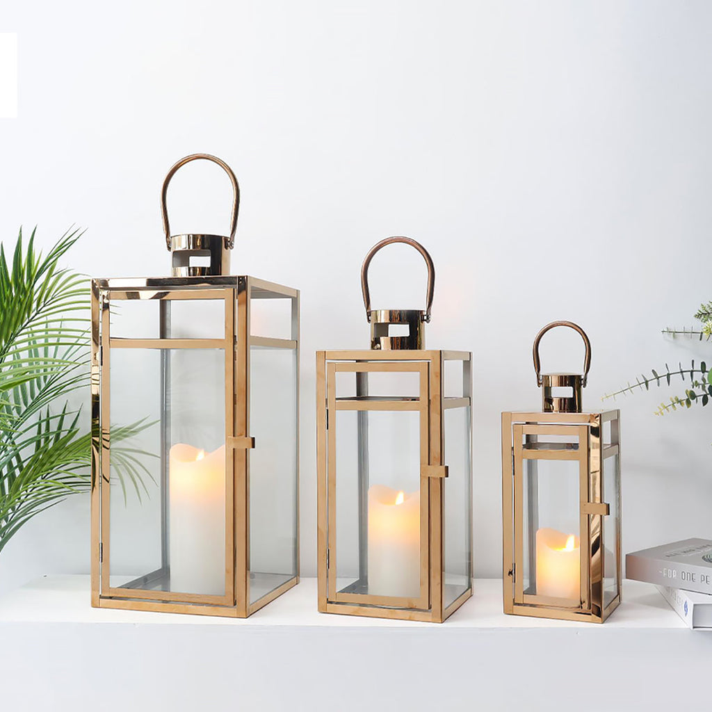 19''&15''&12'' H Stainless Steel Metal Candle Lantern  Candle Holder with Temper Glass Panels(Set of 3 Rose Gold) Lootquake LLC