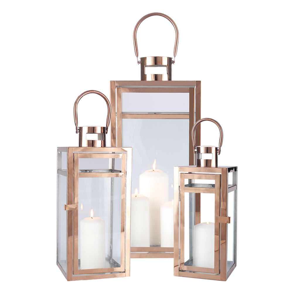 19''&15''&12'' H Stainless Steel Metal Candle Lantern  Candle Holder with Temper Glass Panels(Set of 3 Rose Gold) Lootquake LLC