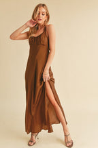 Ruched Side Slit Cutout Back Maxi Cami Dress For Summer–Elegant, Alluring & Sophisticated with Stunning Design Stevvex