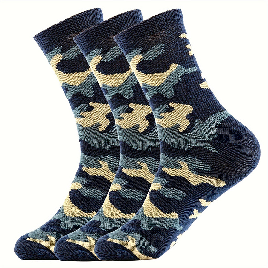 3 Pcs Men's Camo Sports Crew Socks - Durable, Stretchy, Ribbed Cuff for All Seasons Lootquake LLC