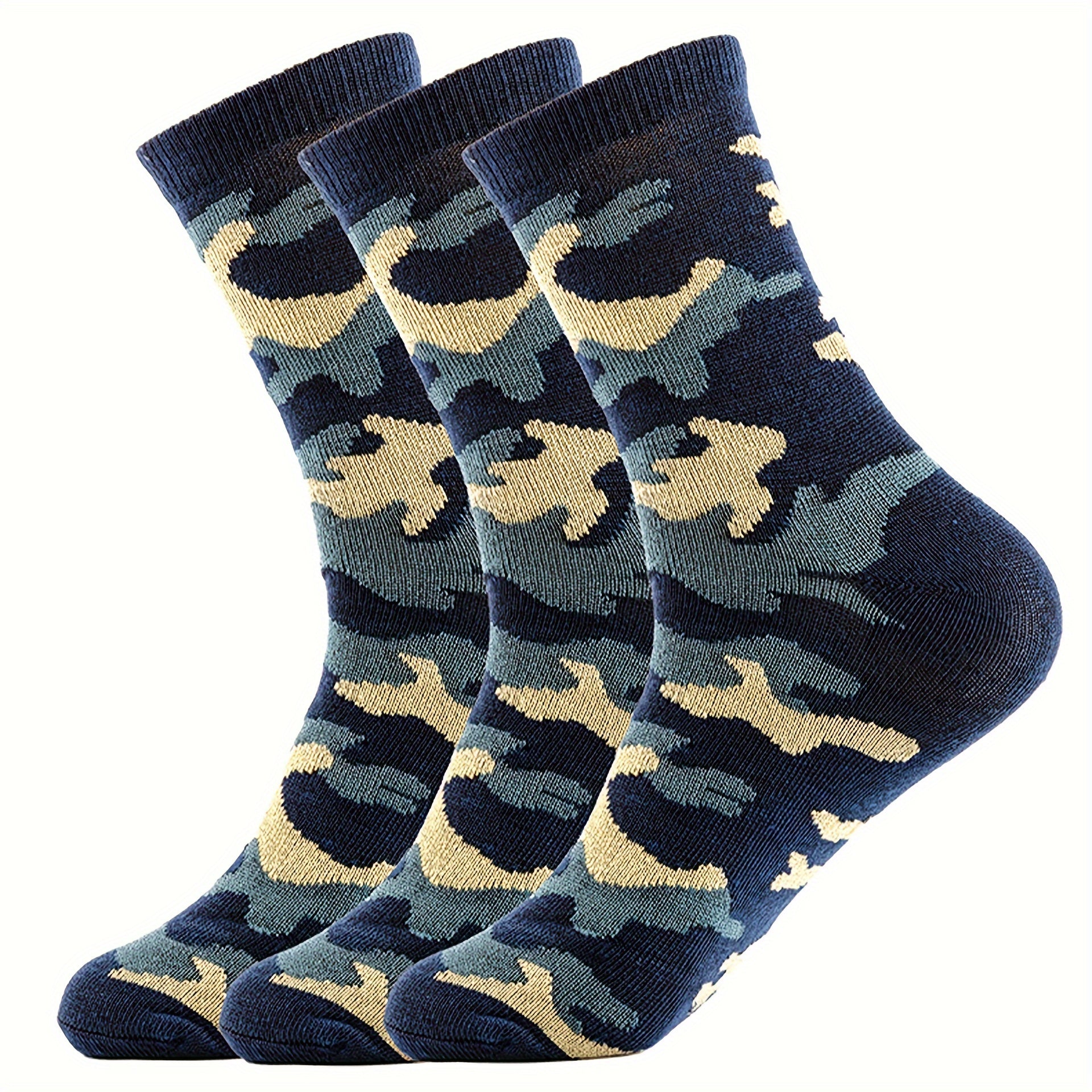 3 Pcs Men's Camo Sports Crew Socks - Durable, Stretchy, Ribbed Cuff for All Seasons Lootquake LLC
