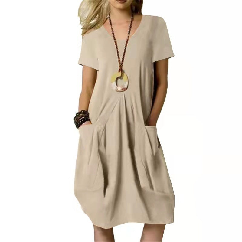 Women's Dress With Pockets Cotton Linen Solid Color Loose Round Neck Short Sleeve Dress Summer Pi-Mart