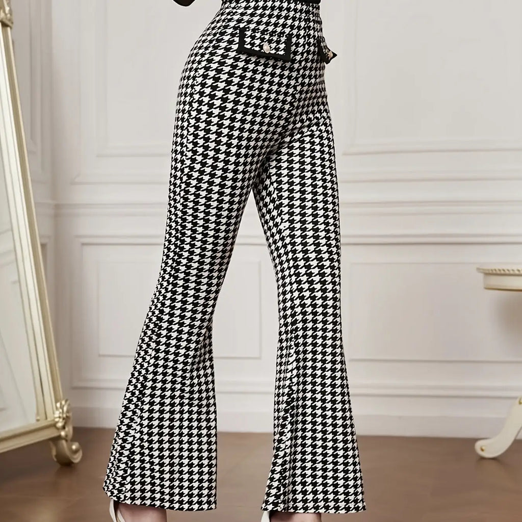Women's Versatile Pants With Contrasting Colors, High Waisted Front Fake Pocket, Casual And Elegant Style, Hound Print Flared Pants - SJB-DIAMOND ELITES