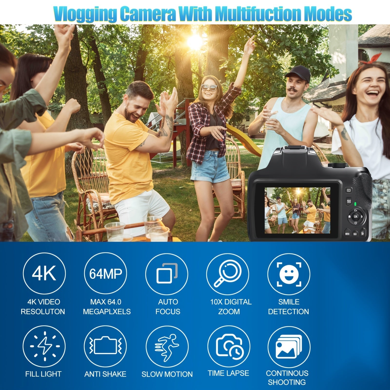 4K Digital Camera for Photography, 10x Zoom YouTube Vlogging Camera, 64MP Auto Focus Compact Camera with 64GB SD Card, Battery, USB Reader & Charging Stand