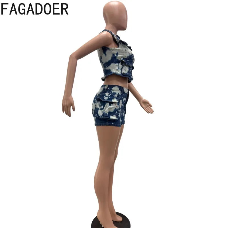 FAGADOER Fashion Printed Denim 2 Pieces Set for Woman Sleeveless Zip Cargo Pocket Jacket Patchwork Crop and Shorts Jeans Outfits Purplish Diva