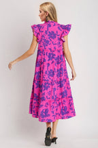 Full Size Ruffled Printed Sleeve Midi Dress Elegant & Beautiful Design Red-Violet Dress Stevvex