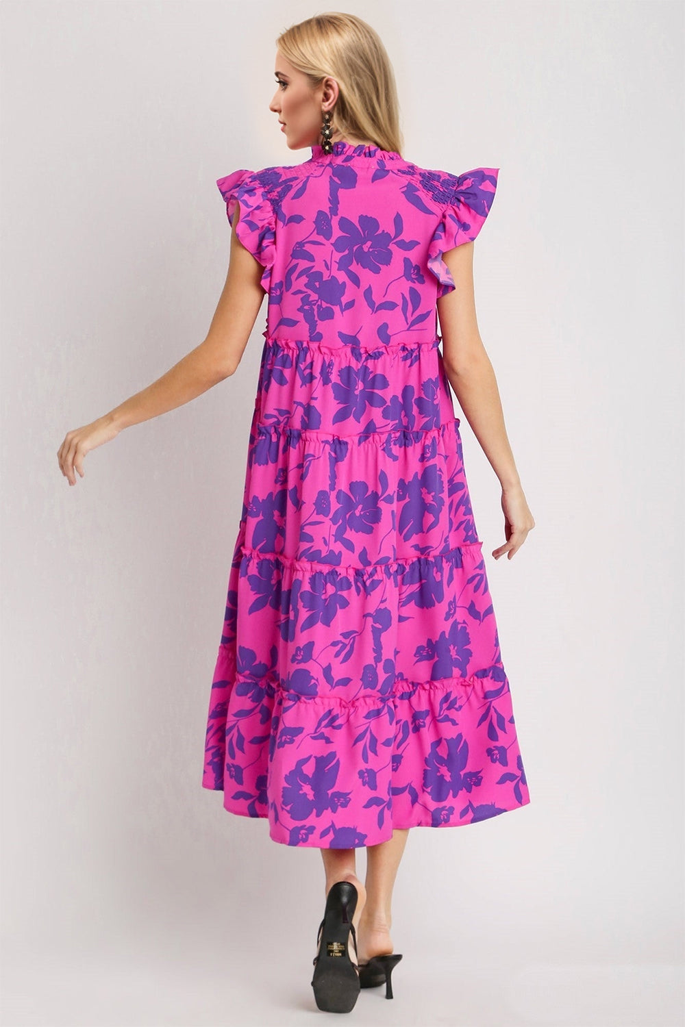 Full Size Ruffled Printed Sleeve Midi Dress Elegant & Beautiful Design Red-Violet Dress Stevvex
