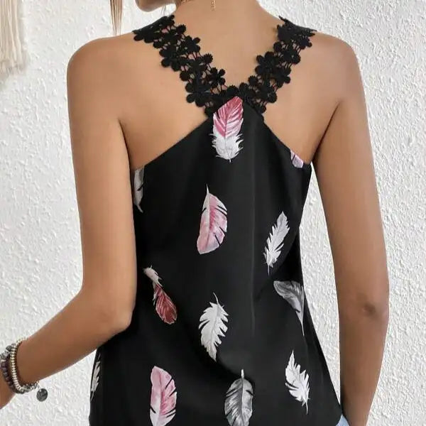 Women's Printed Feather Pattern Design V-neck Fashionable Slimming Camisole Vest - SJB-DIAMOND ELITES