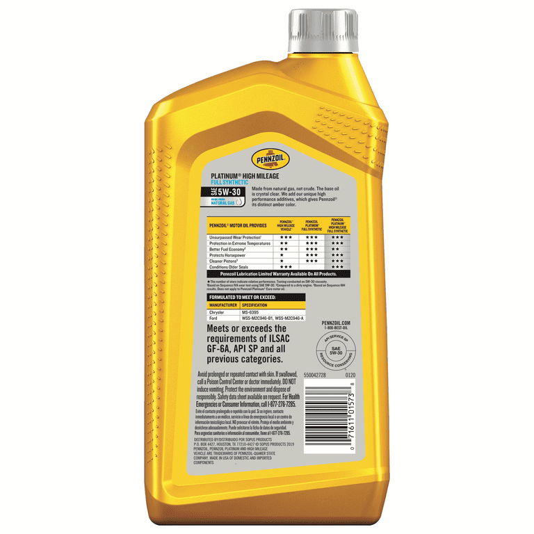 Pennzoil Platinum High Mileage Full Synthetic 5W-30 Motor Oil, 1 Quart