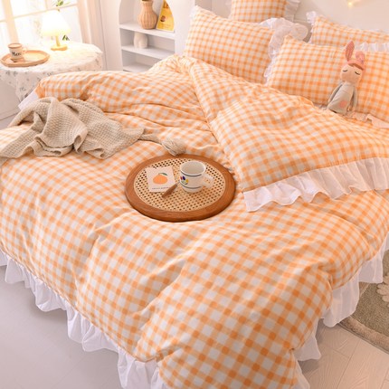 Ins Fashion Solid Cotton Bedding Set with Fitted Bed Sheet Cute Princess AB Double Sided Ruffle Quilt Cover Pillowcase Full Size Pi-Mart
