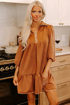 Desert Gold  Quarter Zip Collar Bracelet Sleeve Textured Mini Dress