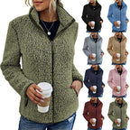 Fall Winter Warm Sweatshirt Stand Collar Solid Color Top Sweater Women's Casual Fashion Long Sleeve Zipper Bubble Velvet Coat Tops Pi-Mart