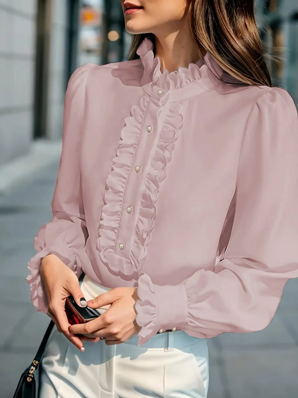 Fashionable Stand-up Collar Long-sleeved Shirt With Lotus Leaf Hem - SJB-DIAMOND ELITES