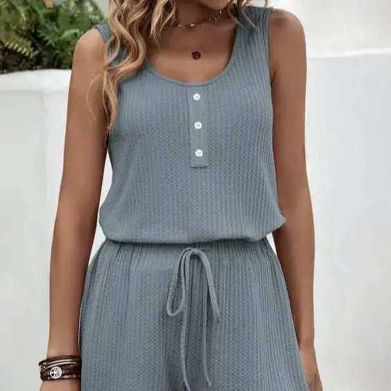 Women's Solid Color Set Knitted With Two-piece Vest Top And Drawstring Shorts Set - SJB-DIAMOND ELITES