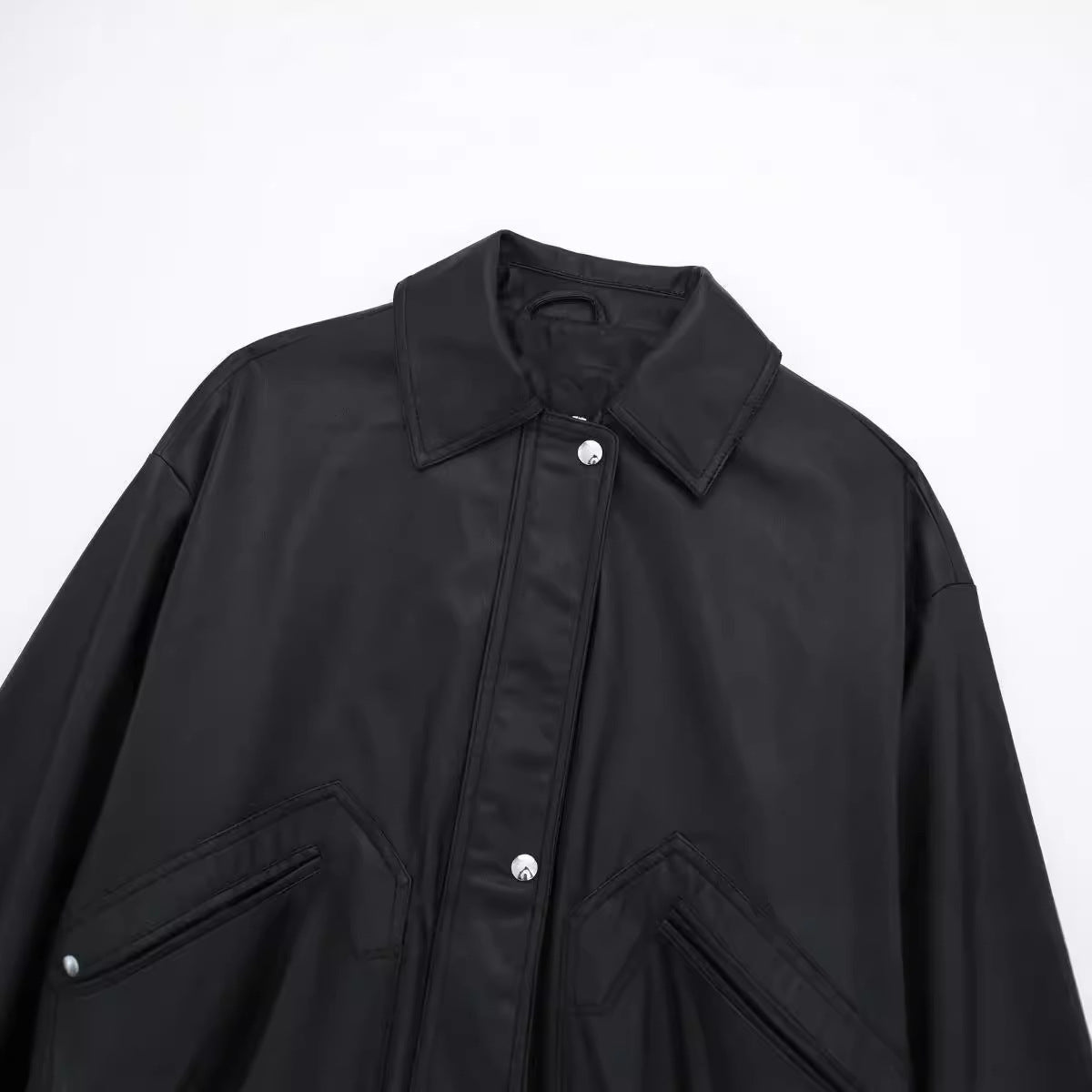 Women's Lapel Loose Faux Leather Bomber Jacket Coat Pi-Mart