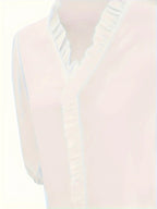 Pure Color Ruffle Hemline Shirt, Casual V-neck Long Sleeve Shirt. - SJB-DIAMOND ELITES