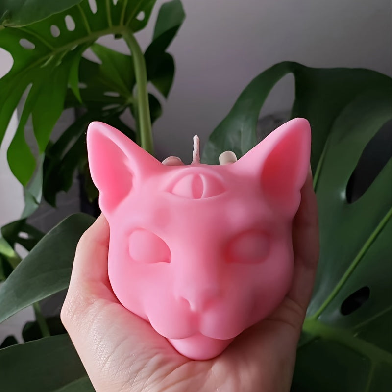 1pc 3D Three Eyed Cat Resin Scented Candle Wax Silicone Mold, DIY Evil Cat Head Silicone Molds For Candle Chocolate Making Epoxy Soap Casting, Animal Shape Molds For Halloween Gifts Home Decor