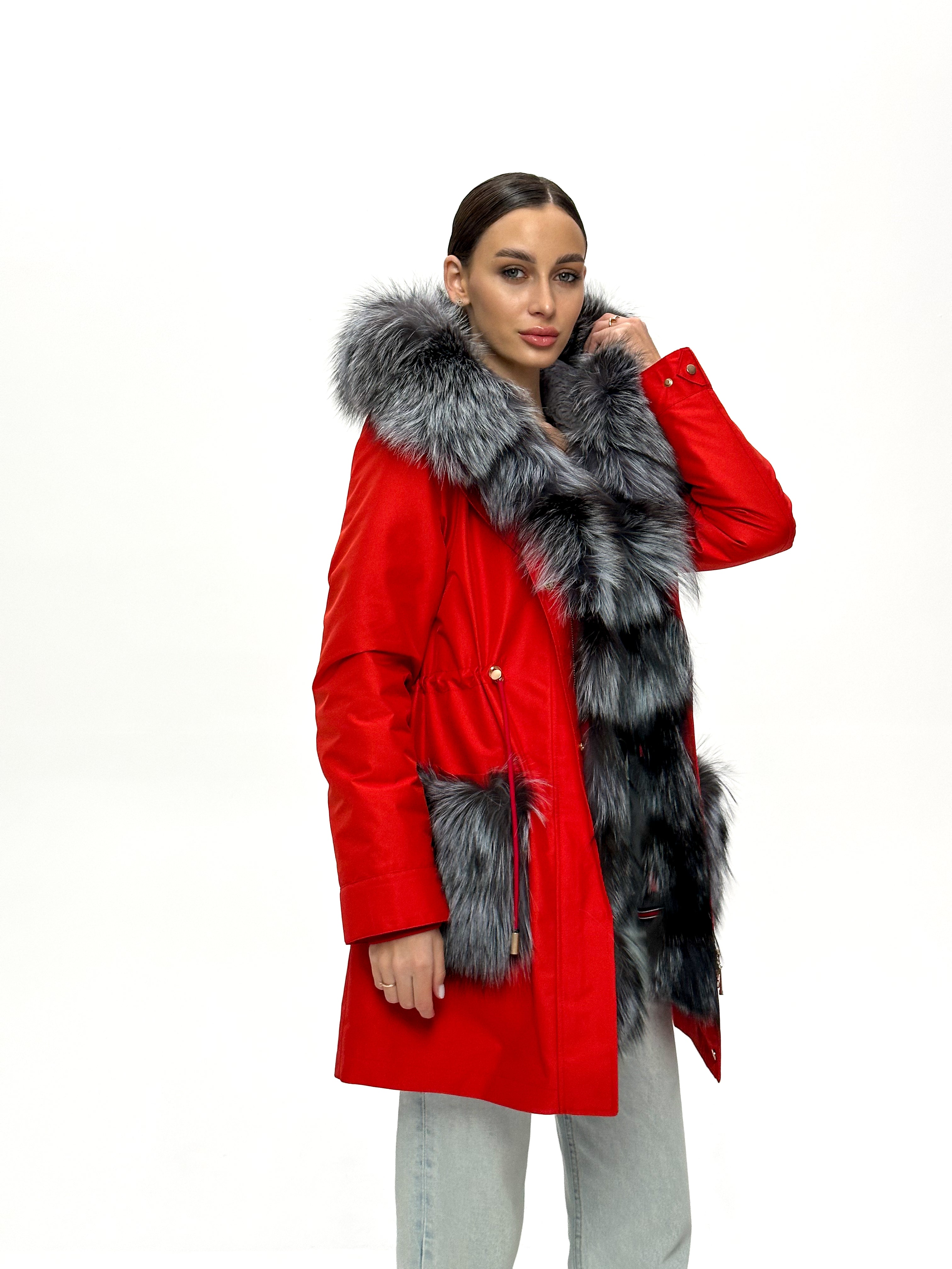 Roma Genuine Silver Fox Fur Rabbit Fur Insulated Parka in Red Alaska® Outerwear Company