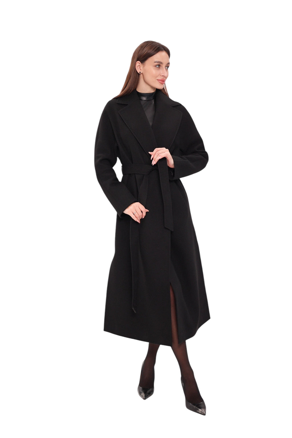 Pre-Order. Re-Stock Ships February 2026. Cambridge Comfort Wraparound Wool Cashmere Coat in Black