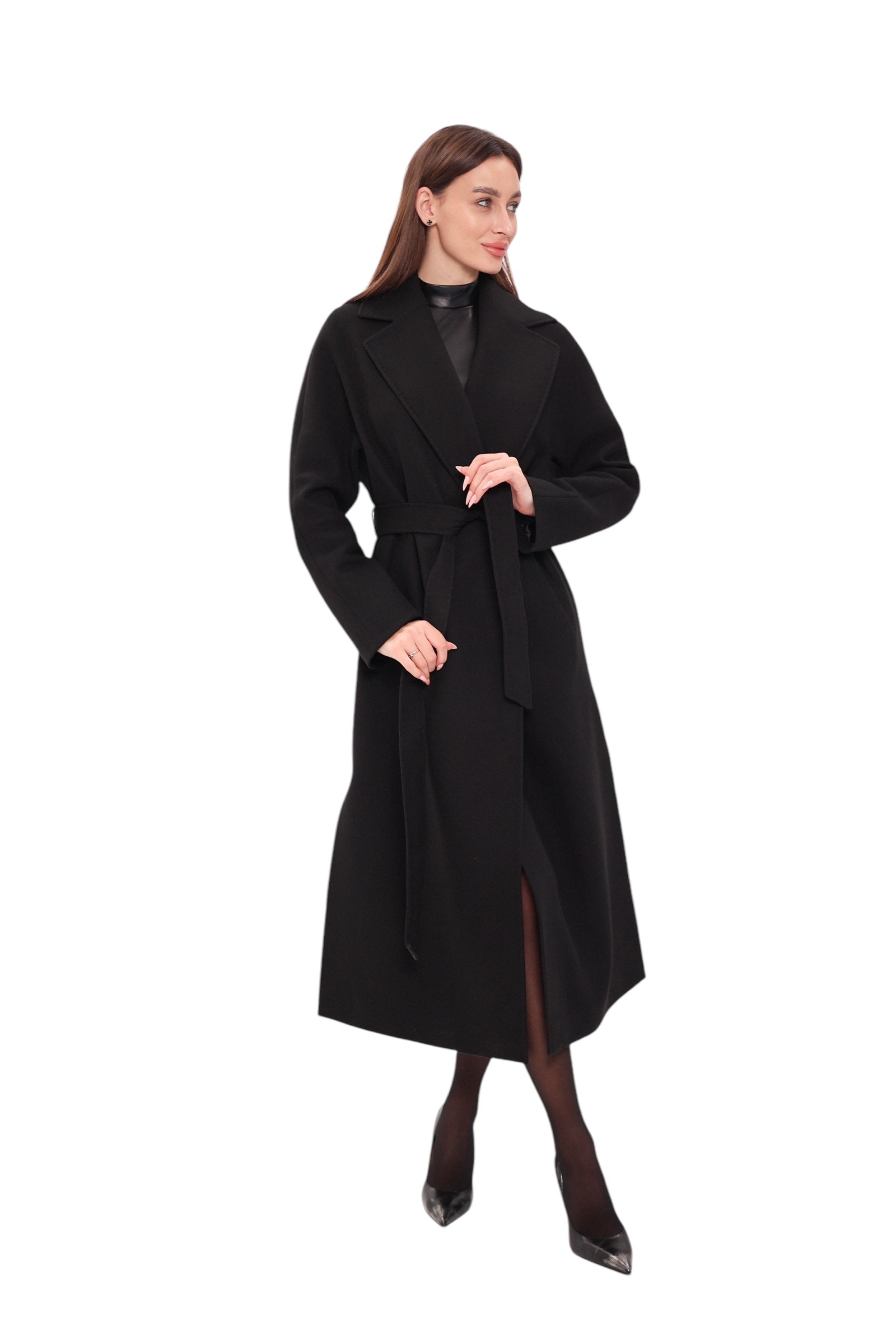 Pre-Order. Re-Stock Ships February 2026. Cambridge Comfort Wraparound Wool Cashmere Coat in Black