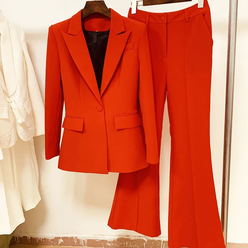 HIGH QUALITY New Fashion 2024 Designer Blazer Suit Set Women's Single Button Red Blazer Flare Pants Suit Purplish Diva