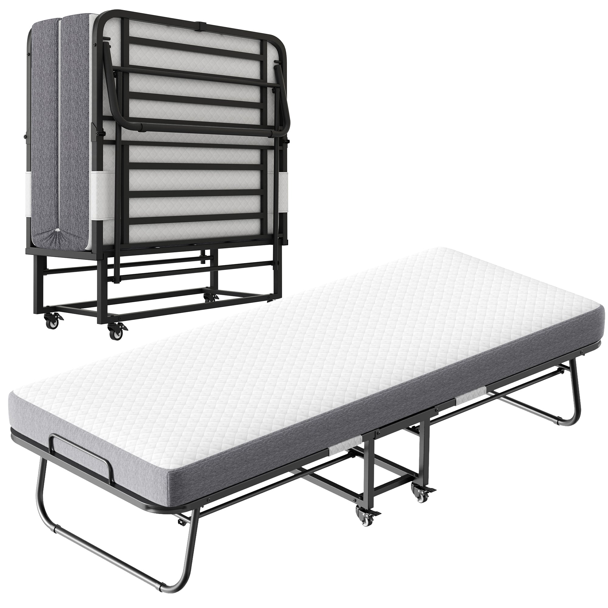 Folding Bed With Mattress  Foam Mattress All Steel Pipe Frame Pi-Mart