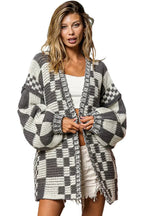 Taupe Colorblock Checked Open Front Knitted Cardigan