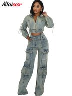 Mlaiscsr Vintage Stretch Denim 2 Piece Pants Sets Women Zip Slim Jackets and Pocket Cargo Jeans Outfit Streetwear Winter Suits Purplish Diva