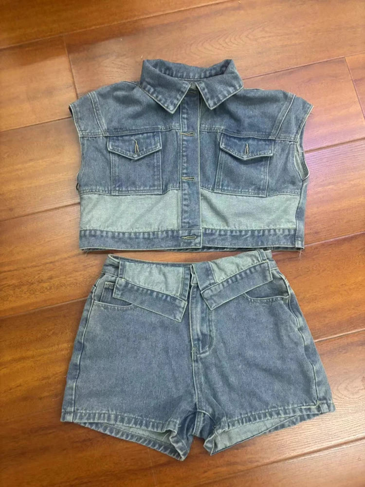 Y2k Fashion Washed Denim Women Shorts Set 2025 Summer Street Wear Sexy Clothes Jean Patchwork Two 2 Piece Matching Sets Outfits Purplish Diva