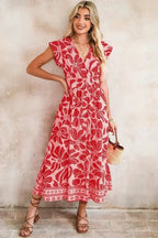 Red Boho Floral V-Neck Ruffle Shoulder Maxi Dress