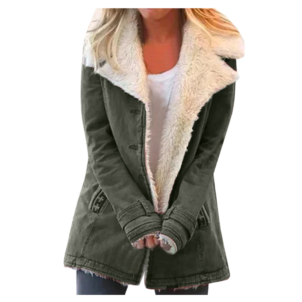 Women Plus Size Warm Coats Composite Plush Button Lapels Jacket Outwearcoat Pi-Mart