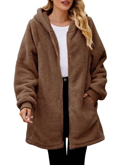 Comfortable Fuzzy Pocketed Zip-Up Long Sleeve Hooded Jacket Cozy & Warm Soft Outerwear For Winter Stevvex