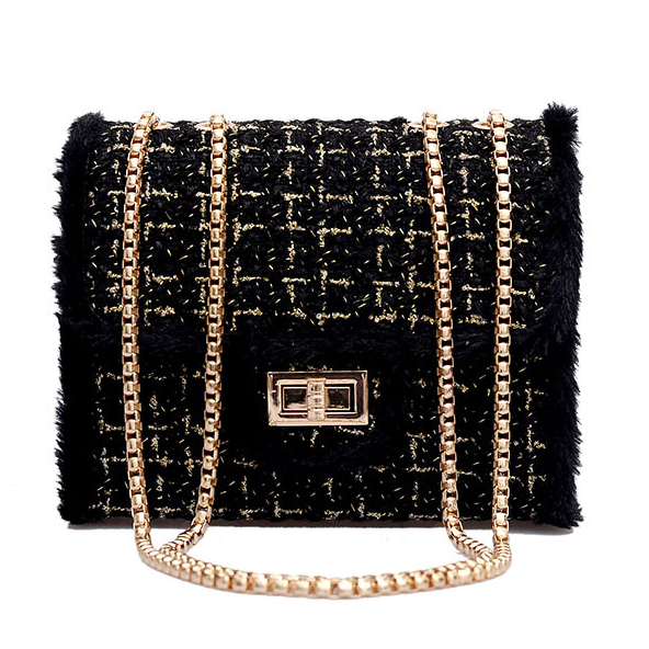 Small chain bag lock closure 2025 autumn and winter with synthetic fur decoration X9178 - SJB-DIAMOND ELITES