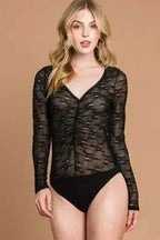V-Neck Mesh Sheer Bodysuit Semi-Sheer Lingerie - Femstylo