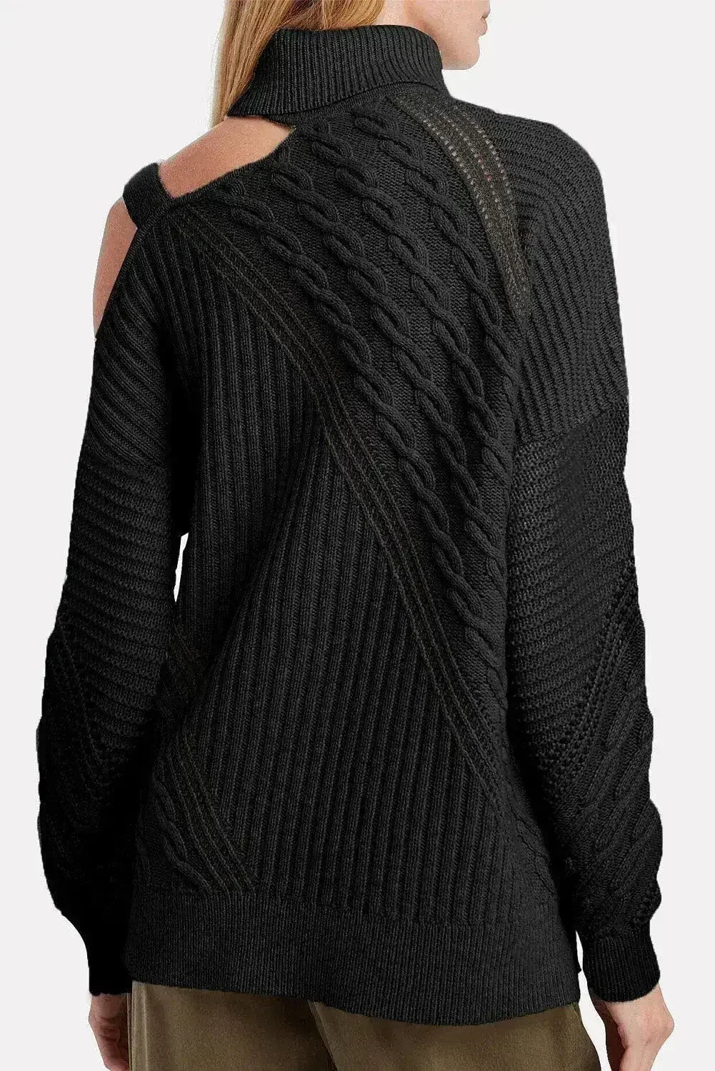 Winter Black Strapped Cut out Shoulder Turtleneck Sweater - SJB-DIAMOND ELITES