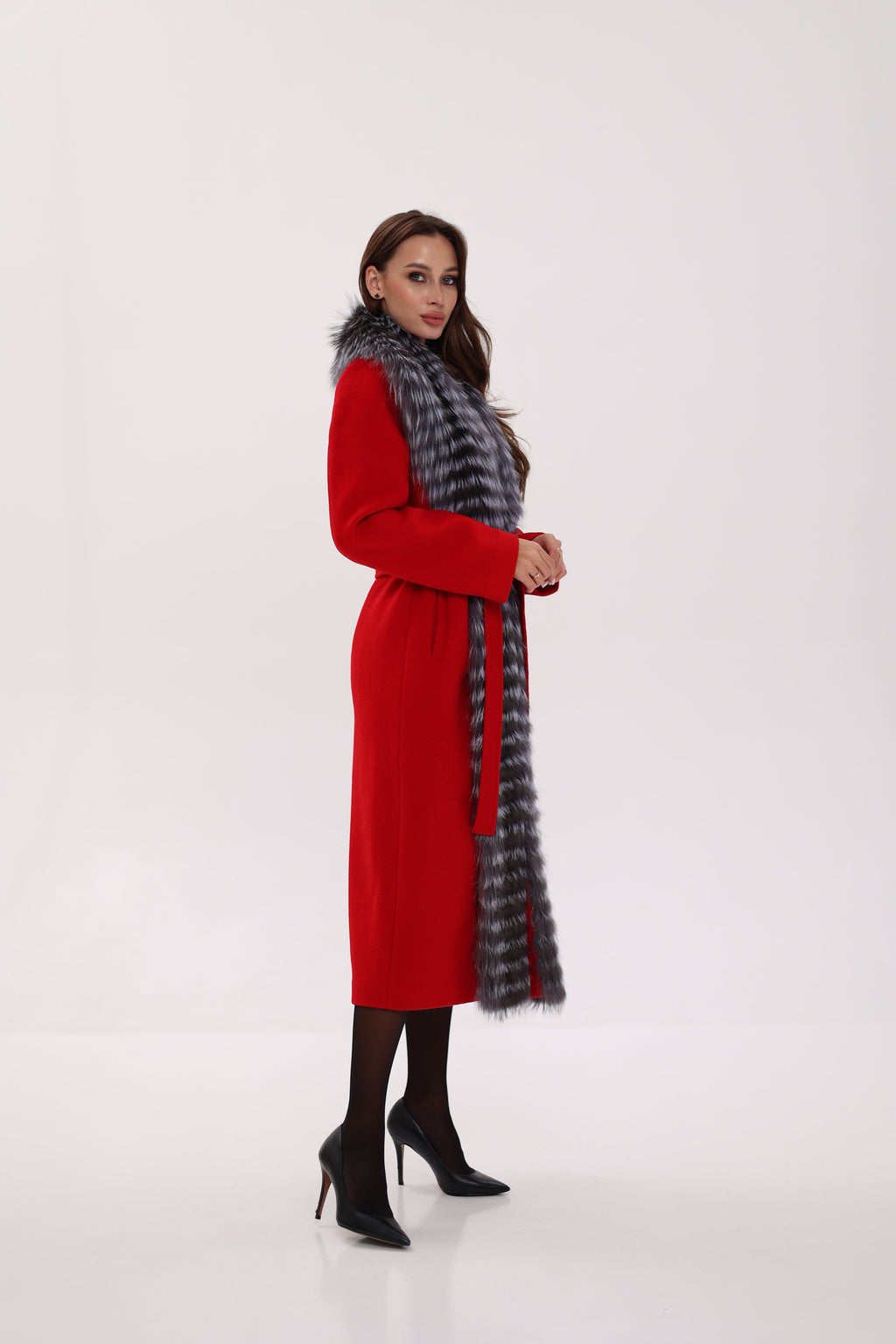Genuine Silver Fox Virgin Wool Wrap Coat in Red - SJB-DIAMOND ELITES