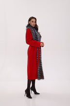 Genuine Silver Fox Virgin Wool Wrap Coat in Red - SJB-DIAMOND ELITES
