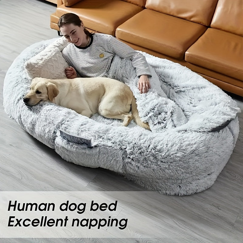 Orthopedic Human Dog Bed 71"x45"x12" Oval Washable Faux Fur Pet Bed with Plump Pillow, Blanket & Strap - Non-Slip Spa Design for All Dog Sizes, Grey, Cozy Nap Spot, Cozy Aesthetic, Durable Polyester, Home Lounging