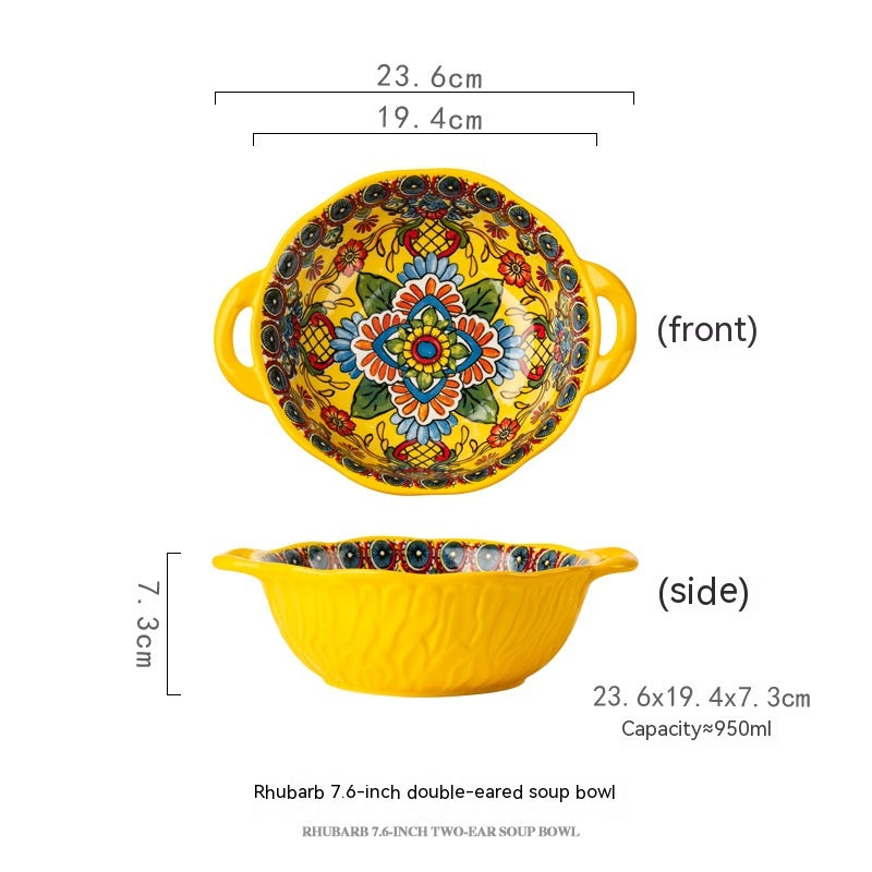 Yellow Green Wave Tree Pattern Flower Hand Painted Underglaze Binaural Ceramic Not Hot Hand Noodle Bowl Pi-Mart