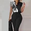 Ladies' V-neck Button Up Petal Sleeve Printed Off Shoulder Shirt Set - SJB-DIAMOND ELITES