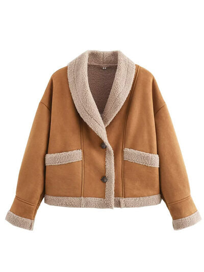 Fuzzy Collared Neck Long Sleeve Jacket with Buttoned Closure and Cozy Pockets Stevvex