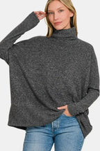Full Size Brushed Melange Hacci Turtleneck Sweater | Femstylo - SJB-DIAMOND ELITES
