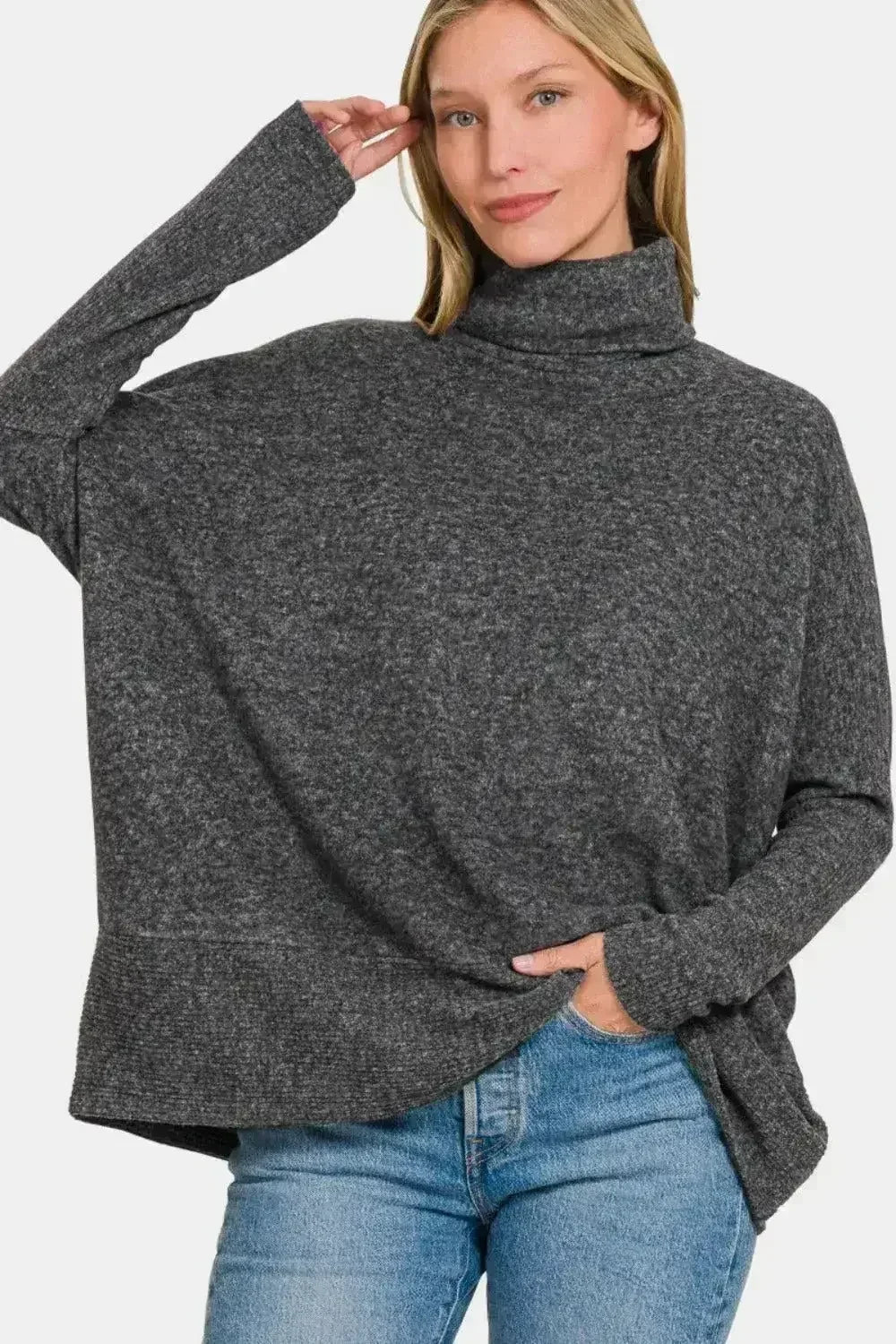 Full Size Brushed Melange Hacci Turtleneck Sweater | Femstylo - SJB-DIAMOND ELITES