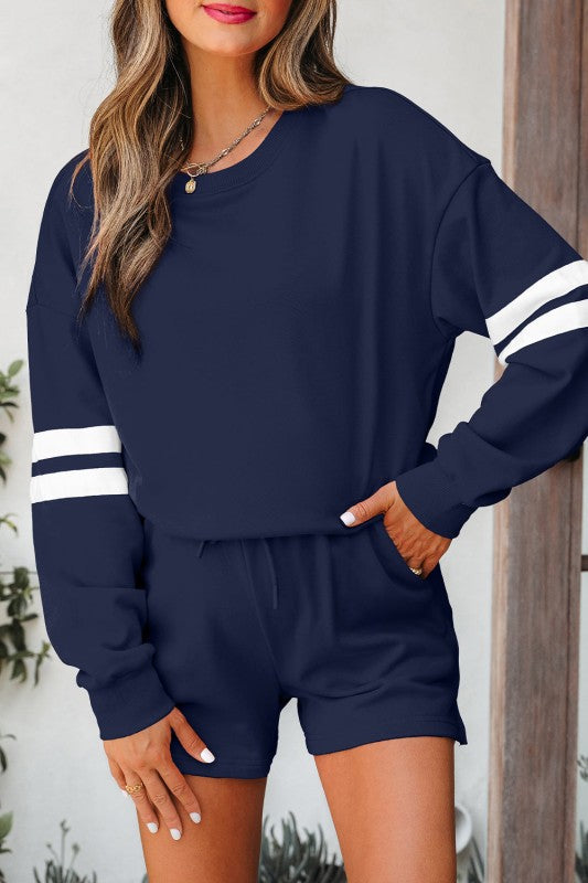 Varsity Stripe Sweatshirt and Short Set THRIXINE