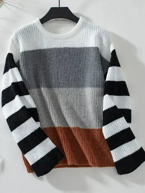 Color Block Round Neck Long Sleeve Sweater - SJB-DIAMOND ELITES