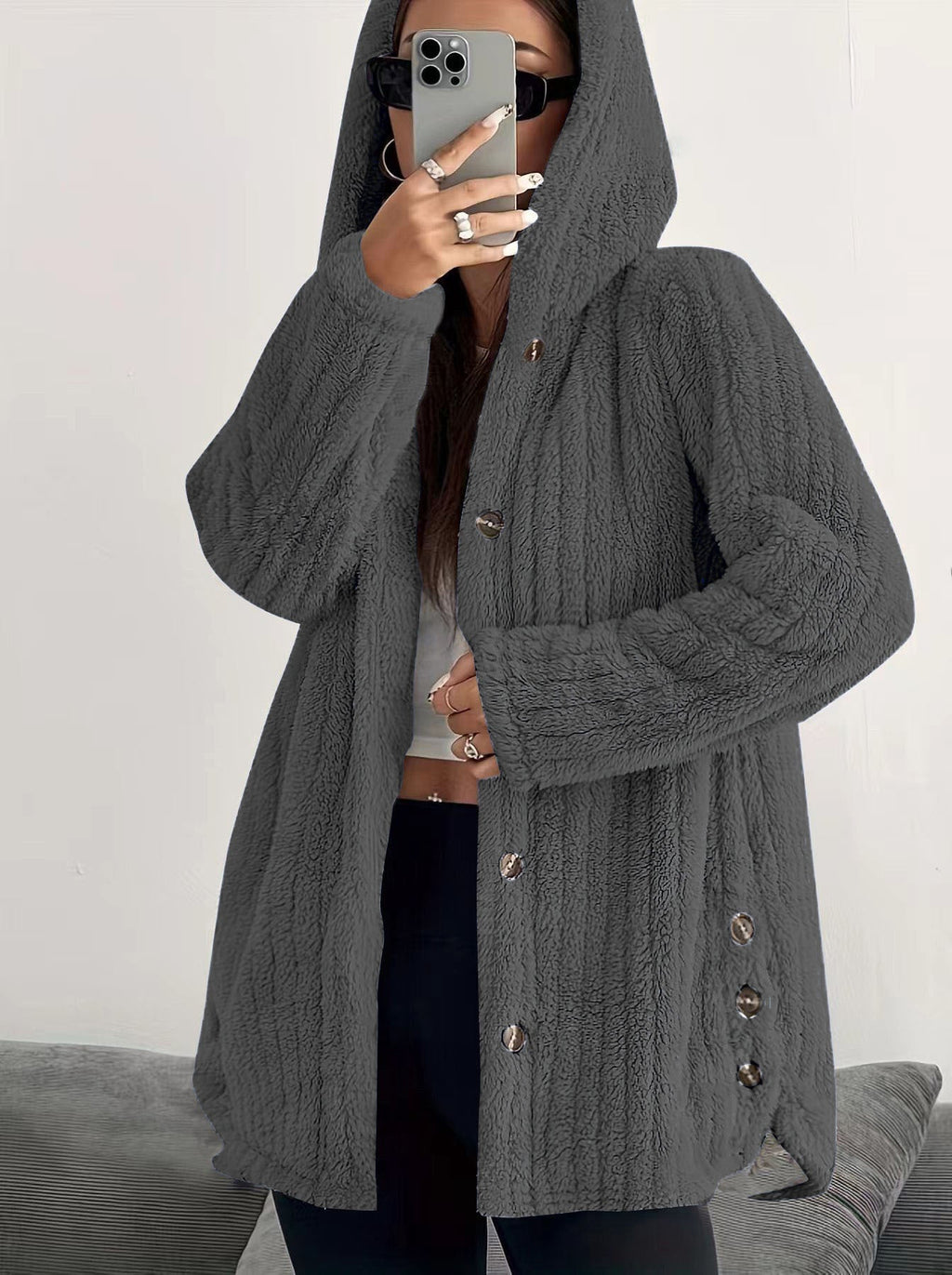 Hooded Loose Plush Coat Women's Regular Sleeve Pi-Mart
