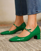 Burgundy bright leather strap square toe shoes for women Pi-Mart