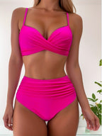 Tropical Vibe High Waist Bikini Set – Flirty V-Neck Swimsuit with Layered Colorblock High Cut Bottom Crisscross Strap Detail & Ultra-Stretch Comfort – Women's Two Piece Swimwear for Summer Beach Pool & Vacation Fun Stevvex