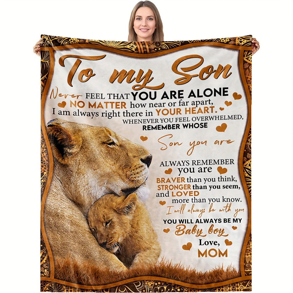 1pc, Flannel Blanket For Son From Mom, Cozy Soft Warm, Charming Lion Design, Sentimental Quote, Ideal Gift, Home Decor Lootquake LLC