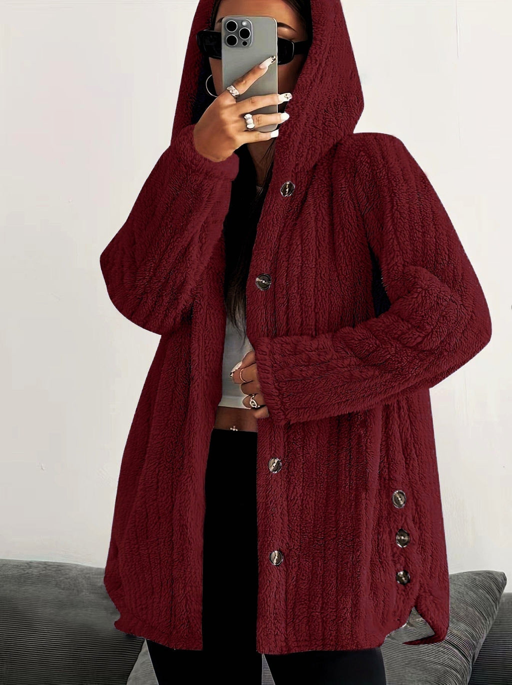 Hooded Loose Plush Coat Women's Regular Sleeve Pi-Mart